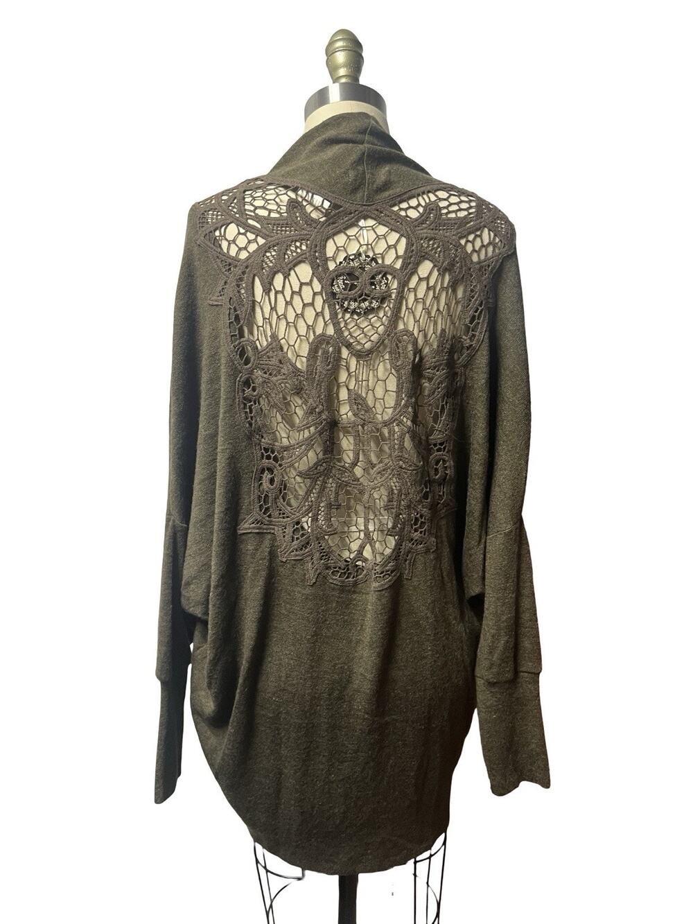 Hazel Olive Green Open Front Cocoon Crochet Back Cardigan Sweater Boho Sz M NWT